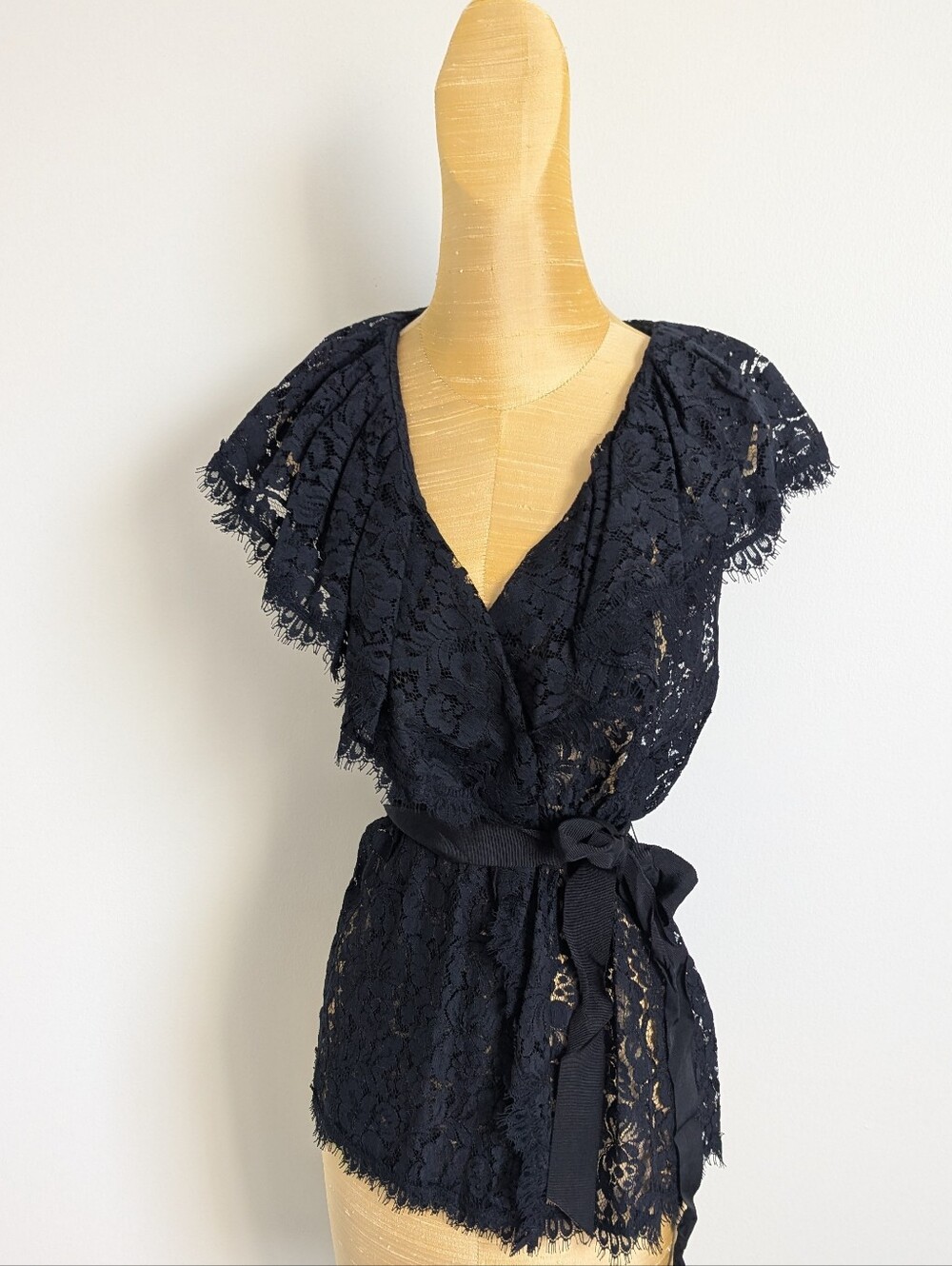 NWT-BCBG Maxazria Black Lace Wrap Top with Bow Waist Size S